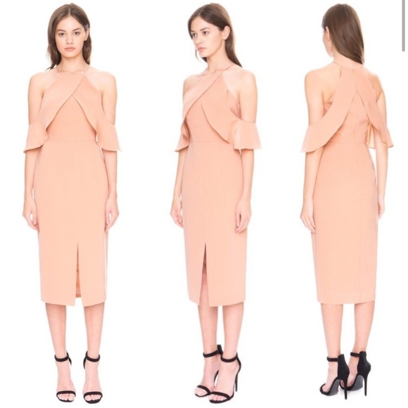 Keepsake the Label / peach Much More cold shoulder slit Ruffle Midi Dress L - Picture 1 of 9
